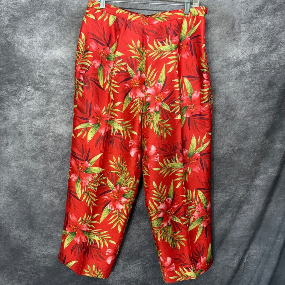Vintage Silkland 100% Silk Red Tropical Floral Wide Leg Pants Size 14 Hibiscus